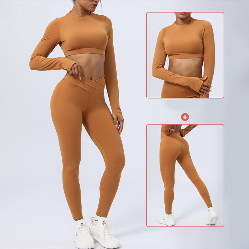 Buddha Stones 2Pcs Long Sleeve Backless Top Bra Leggings Pants Fitness Yoga Outfit Set