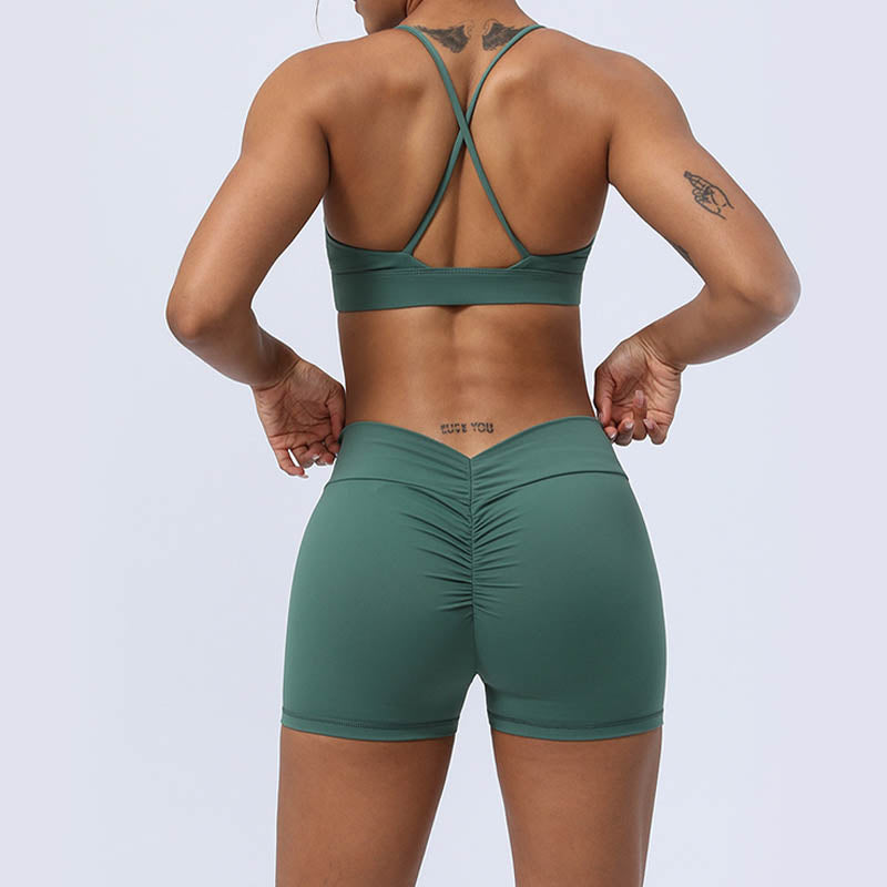 Buddha Stones 2Pcs Backless Criss-Cross Strap Design Top Bra Shorts Leggings Pants Fitness Yoga Outfit Set