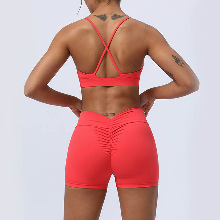 Buddha Stones 2Pcs Backless Criss-Cross Strap Design Top Bra Shorts Leggings Pants Fitness Yoga Outfit Set