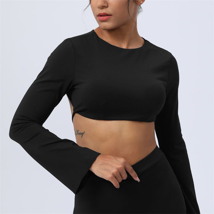 Buddha Stones Long Sleeve Backless Strap Top Bra Flare Pants Fitness Yoga Outfit - Black - Top - US8-10，UK/AU12-14，EU40-42 (XL)  - image 46