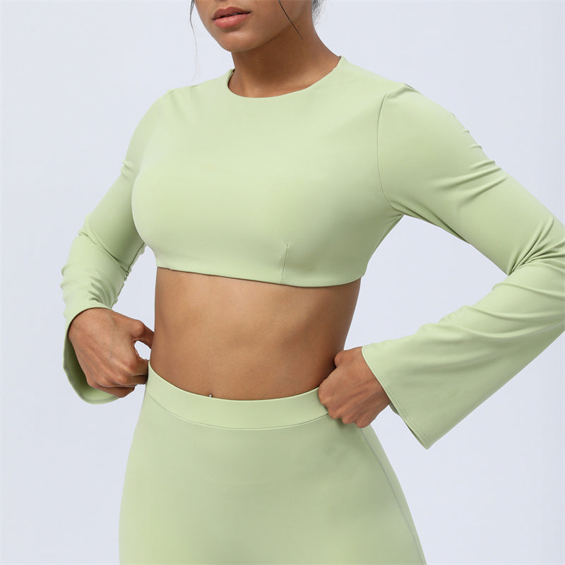 Buddha Stones Long Sleeve Backless Strap Top Bra Flare Pants Fitness Yoga Outfit - Green - Top - US8-10，UK/AU12-14，EU40-42 (XL)  - image 8