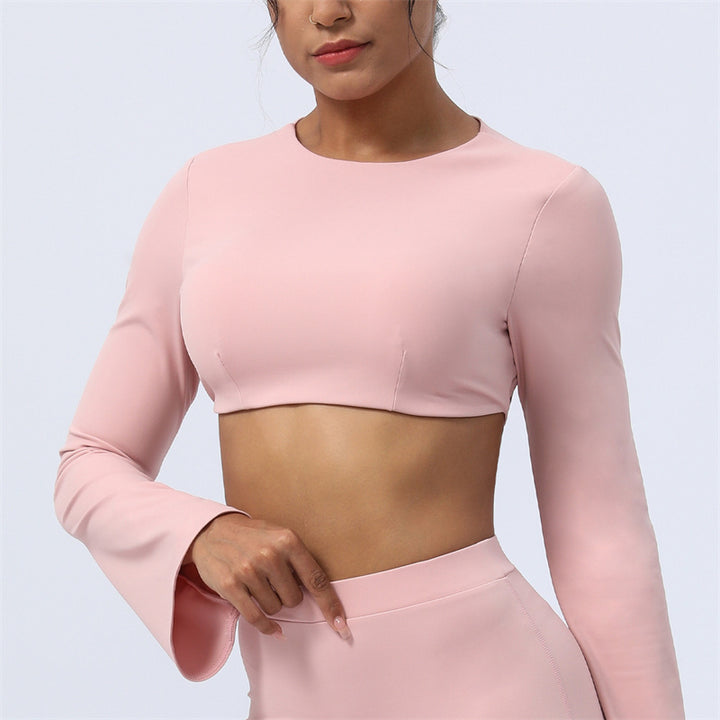 Buddha Stones Long Sleeve Backless Strap Top Bra Flare Pants Fitness Yoga Outfit - Pink - Top - US8-10，UK/AU12-14，EU40-42 (XL)  - image 38
