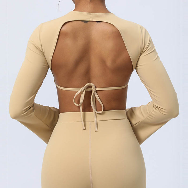 Buddha Stones Long Sleeve Backless Strap Top Bra Flare Pants Fitness Yoga Outfit - image 24