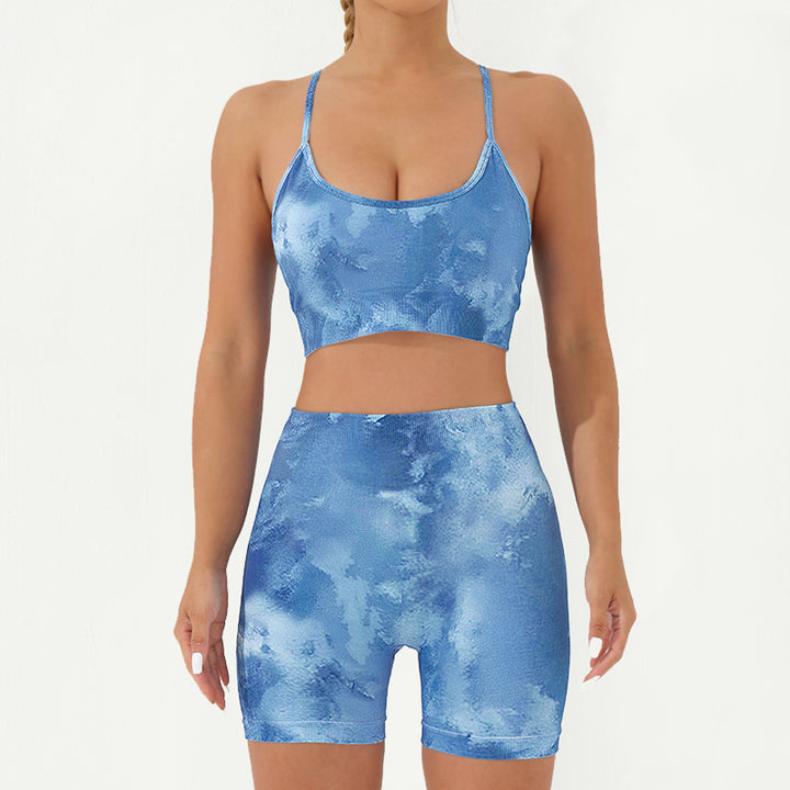 Buddha Stones 2Pcs Camo Print Backless Criss-Cross Strap Top Bra Shorts Leggings Pants Fitness Yoga Outfit Set - Blue - 2Pcs(Top&Shorts) - US8-10，UK/AU12-14，EU40-42 (L) - image 17
