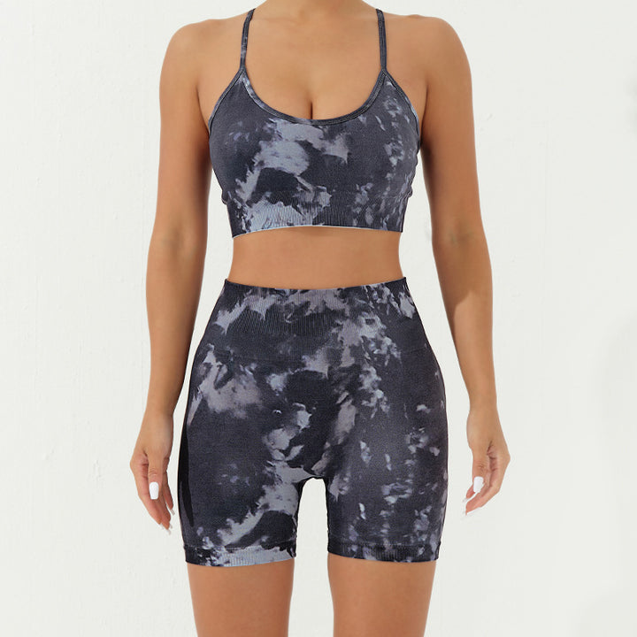 Buddha Stones 2Pcs Camo Print Backless Criss-Cross Strap Top Bra Shorts Leggings Pants Fitness Yoga Outfit Set - Black Gray - 2Pcs(Top&Shorts) - US8-10，UK/AU12-14，EU40-42 (L) - image 10
