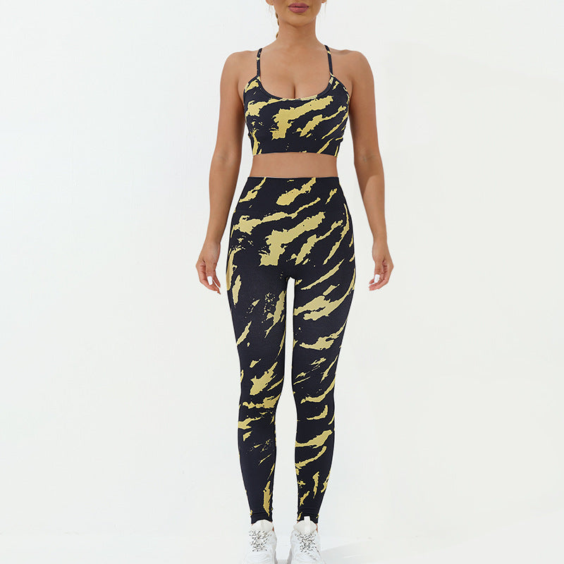 Buddha Stones 2Pcs Camo Print Backless Criss-Cross Strap Top Bra Shorts Leggings Pants Fitness Yoga Outfit Set - Yellow Black - 2Pcs(Top&Pants) - US8-10，UK/AU12-14，EU40-42 (L) - image 3
