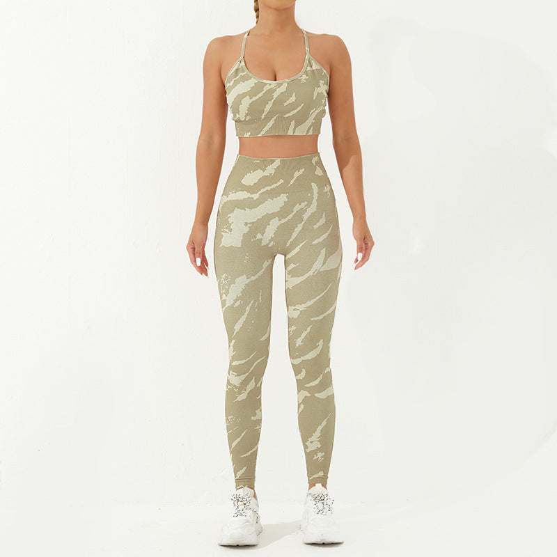 Buddha Stones 2Pcs Camo Print Backless Criss-Cross Strap Top Bra Shorts Leggings Pants Fitness Yoga Outfit Set - Yellowgreen - 2Pcs(Top&Pants) - US8-10，UK/AU12-14，EU40-42 (L) - image 7