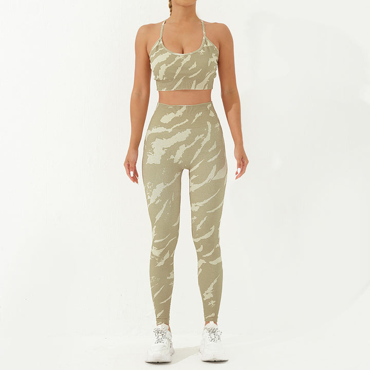 Buddha Stones 2Pcs Camo Print Backless Criss-Cross Strap Top Bra Shorts Leggings Pants Fitness Yoga Outfit Set - Yellowgreen - 2Pcs(Top&Pants) - US8-10，UK/AU12-14，EU40-42 (L) - image 7