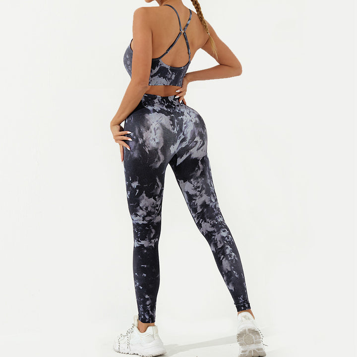 Buddha Stones 2Pcs Camo Print Backless Criss-Cross Strap Top Bra Shorts Leggings Pants Fitness Yoga Outfit Set