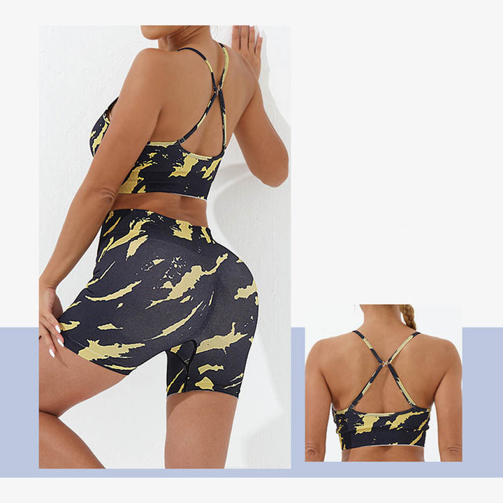 Buddha Stones 2Pcs Camo Print Backless Criss-Cross Strap Top Bra Shorts Leggings Pants Fitness Yoga Outfit Set