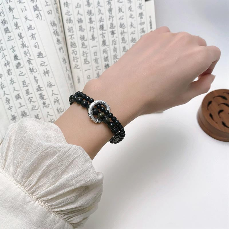 Buddha Stones 999 Sterling Silver Black Obsidian Fulfillment Strength Double Layer Bracelet - image 5