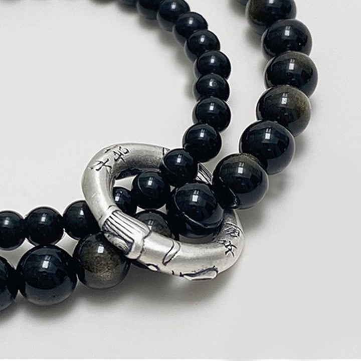 Buddha Stones 999 Sterling Silver Black Obsidian Fulfillment Strength Double Layer Bracelet - image 3