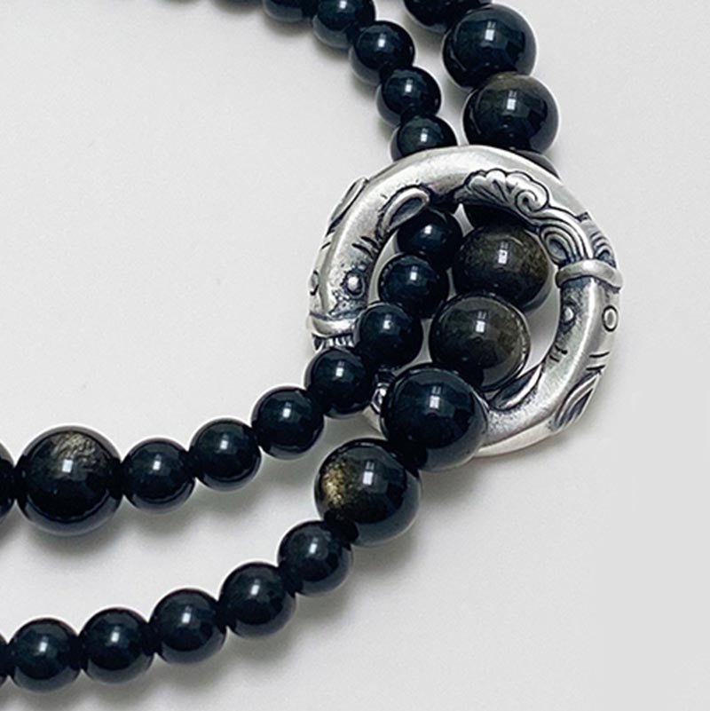 Buddha Stones 999 Sterling Silver Black Obsidian Fulfillment Strength Double Layer Bracelet - image 4