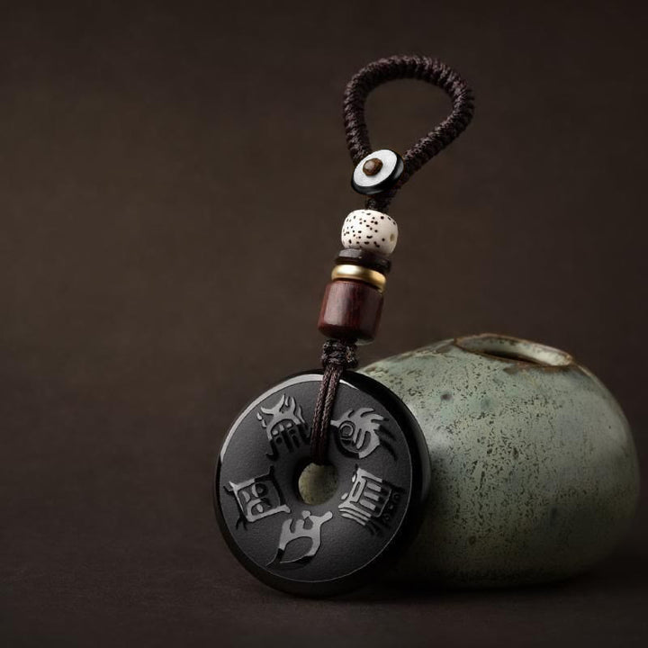 Buddha Stones Black Obsidian Taoism Five Sacred Mountains Carved Strength Peace Buckle Necklace Pendant Key Chain Phone Hanging Decoration - Key Chain - image 4