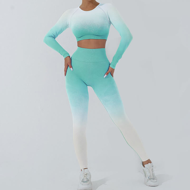 Buddha Stones Gradient Long Sleeve Crop Top Tee Bra Leggings Pants Fitness Yoga Outfit - image 0