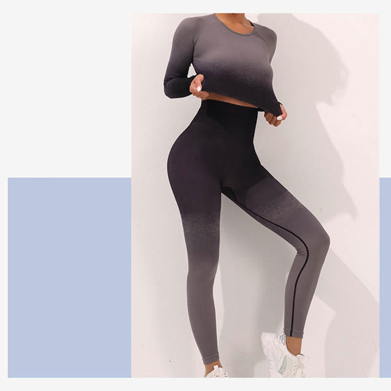 Buddha Stones Gradient Long Sleeve Crop Top Tee Bra Leggings Pants Fitness Yoga Outfit - image 18