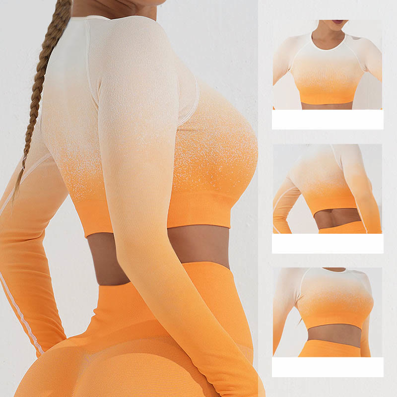 Buddha Stones Gradient Long Sleeve Crop Top Tee Bra Leggings Pants Fitness Yoga Outfit