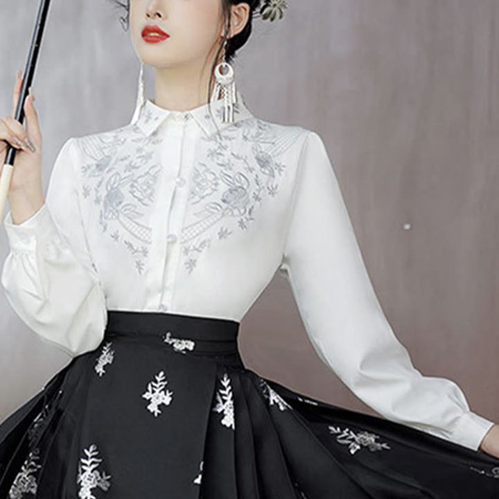 Buddha Stones Flowers Leaves Feathers Long Sleeve Shirt Top Chinese Hanfu Ming Dynasty Horse Face Skirt Mamianqun Skirt