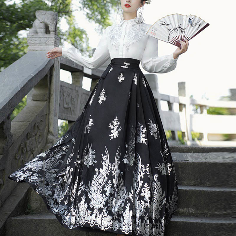 Buddha Stones Flowers Leaves Feathers Long Sleeve Shirt Top Chinese Hanfu Ming Dynasty Horse Face Skirt Mamianqun Skirt