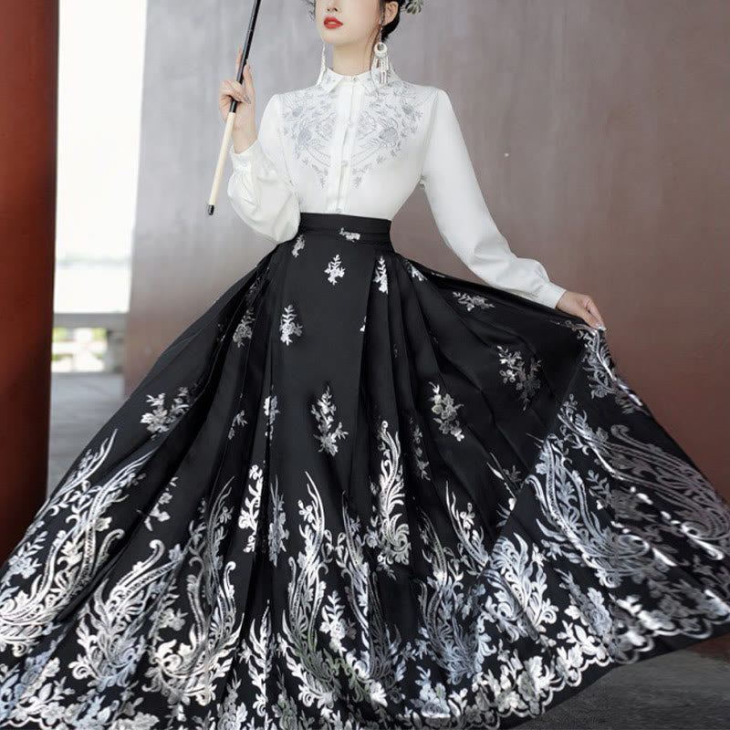 Buddha Stones Flowers Leaves Feathers Long Sleeve Shirt Top Chinese Hanfu Ming Dynasty Horse Face Skirt Mamianqun Skirt