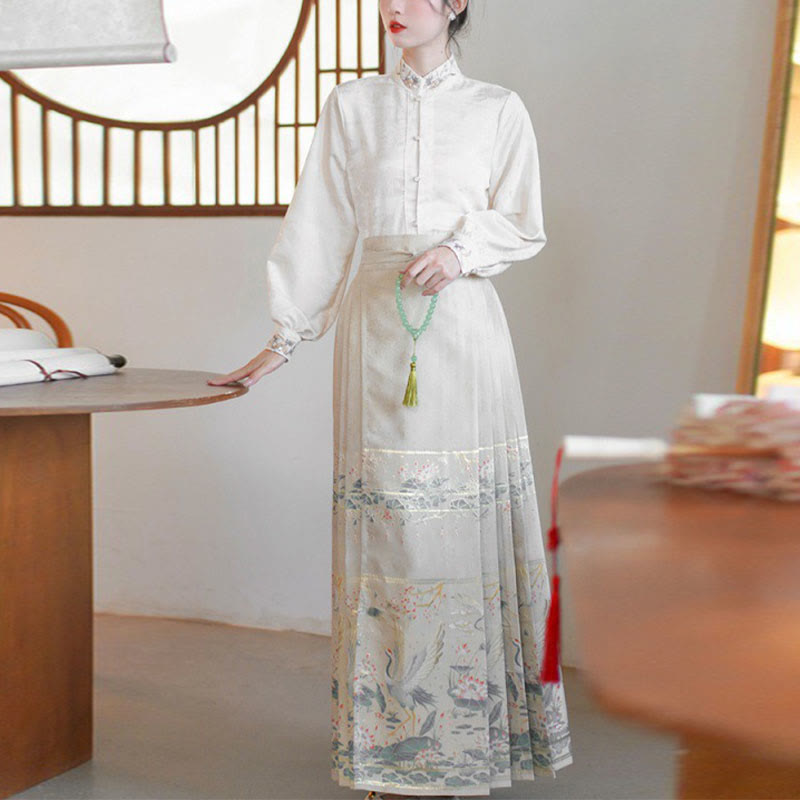 Buddha Stones Long Sleeve Shirt Top Chinese Hanfu Crane Lotus Printed Horse Face Skirt Mamianqun