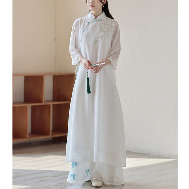 Buddha Stones Bamboo Cheongsam Dress Midi Dress Wide Leg Pants Meditation Spiritual Zen Practice Clothing - image 2