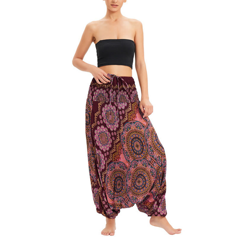 Buddha Stones Two Style Wear Mandala Flower Pattern Loose Smocked Harem Trousers Jumpsuit High Waist Pants - Burgundy - US2-12，UK/AU6-16，EU34-44 (F) - image 13