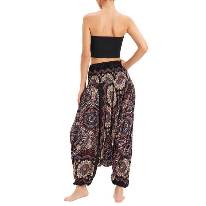 Buddha Stones Two Style Wear Mandala Flower Pattern Loose Smocked Harem Trousers Jumpsuit High Waist Pants