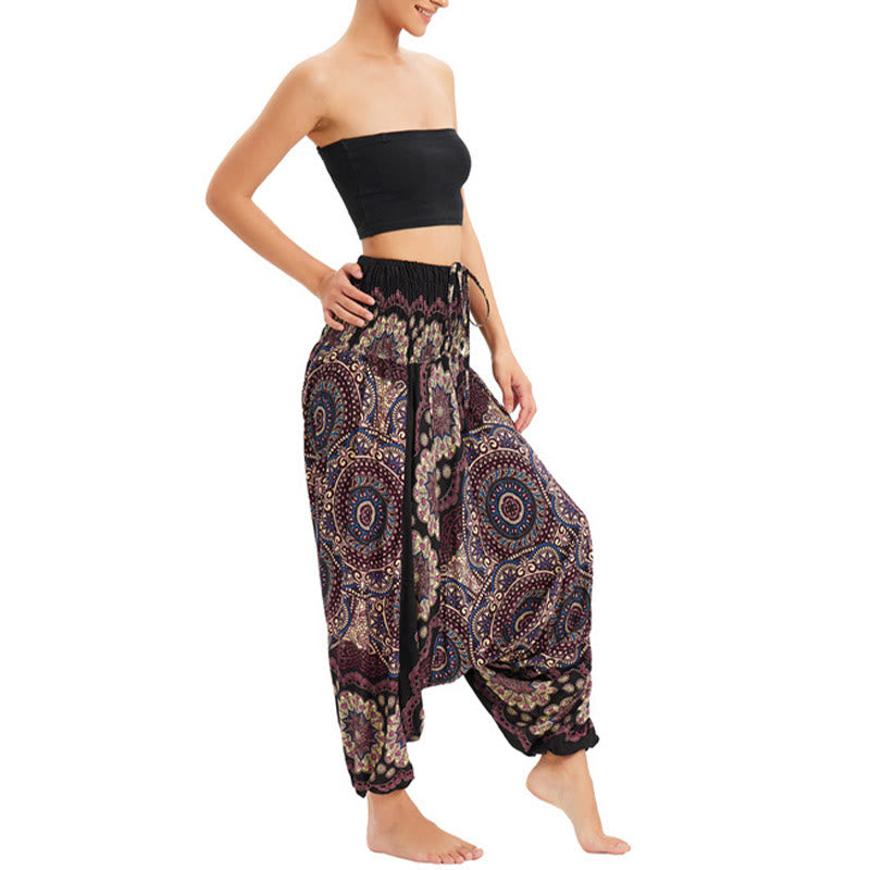 Buddha Stones Two Style Wear Mandala Flower Pattern Loose Smocked Harem Trousers Jumpsuit High Waist Pants - image 8