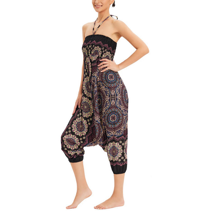 Buddha Stones Two Style Wear Mandala Flower Pattern Loose Smocked Harem Trousers Jumpsuit High Waist Pants - image 10