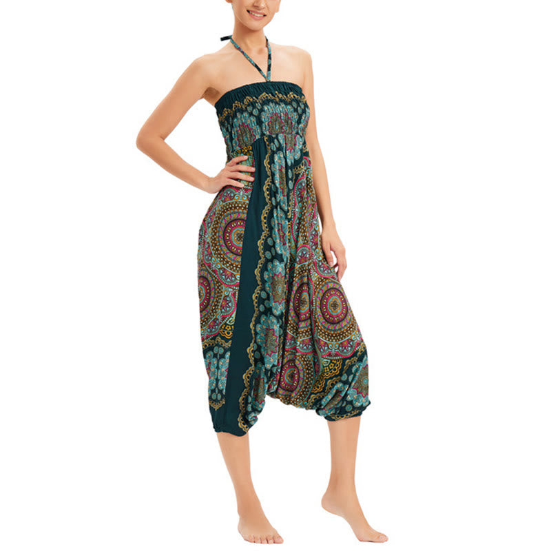 Buddha Stones Two Style Wear Mandala Flower Pattern Loose Smocked Harem Trousers Jumpsuit High Waist Pants - image 4