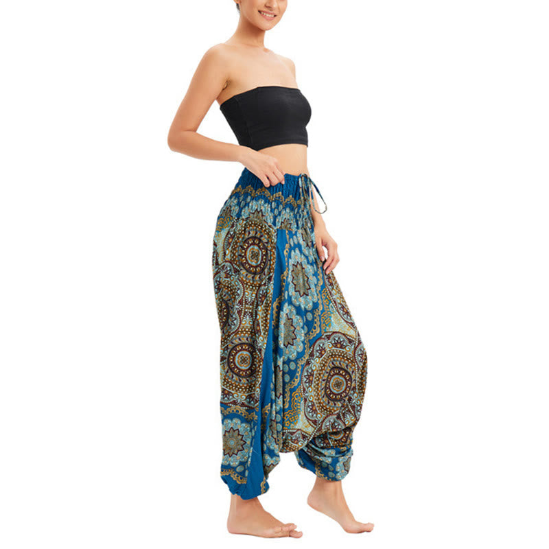 Buddha Stones Two Style Wear Mandala Flower Pattern Loose Smocked Harem Trousers Jumpsuit High Waist Pants