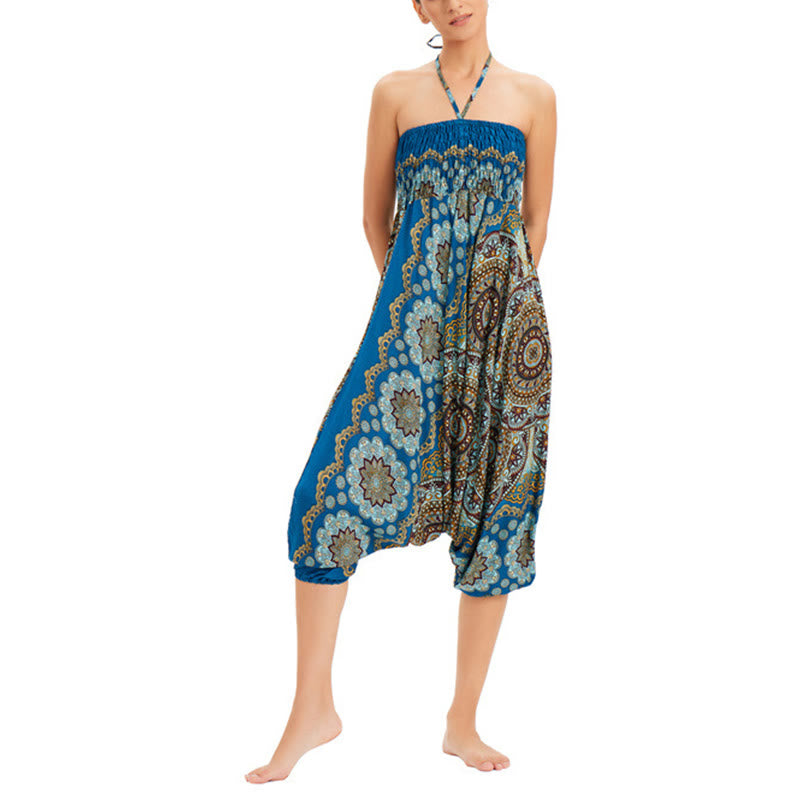 Buddha Stones Two Style Wear Mandala Flower Pattern Loose Smocked Harem Trousers Jumpsuit High Waist Pants - image 31