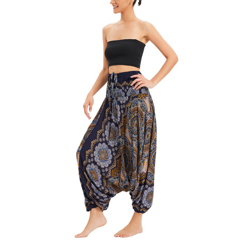 Buddha Stones Two Style Wear Mandala Flower Pattern Loose Smocked Harem Trousers Jumpsuit High Waist Pants - image 22