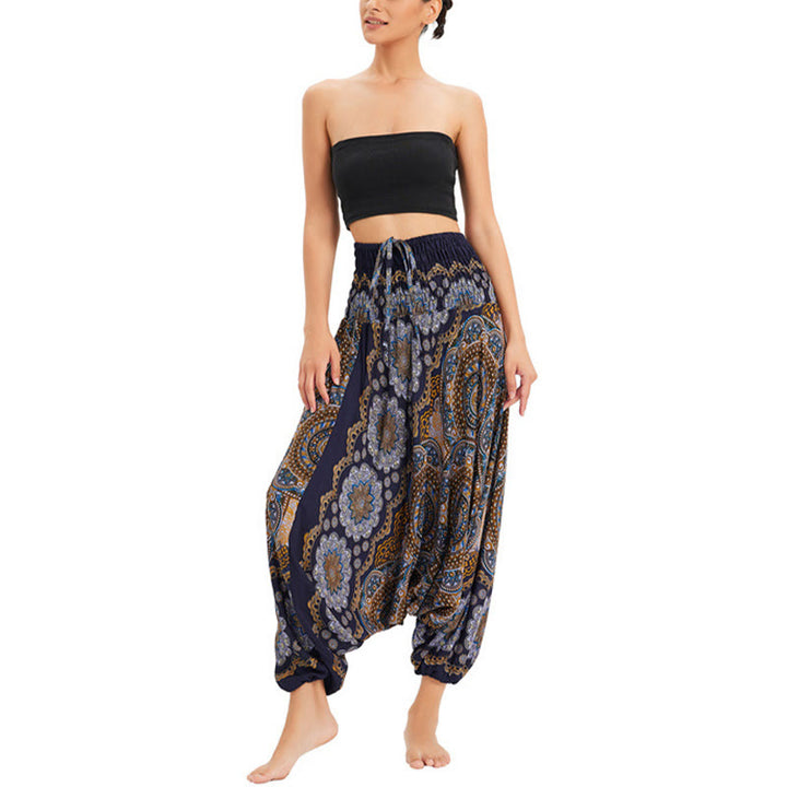 Buddha Stones Two Style Wear Mandala Flower Pattern Loose Smocked Harem Trousers Jumpsuit High Waist Pants - image 21