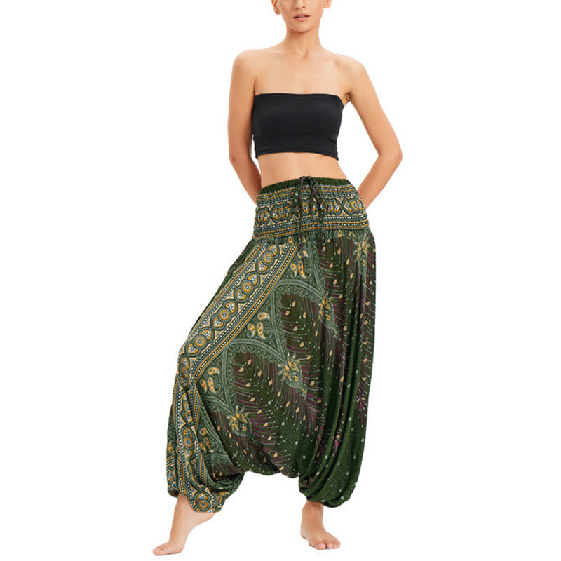 Buddha Stones Two Style Wear Peacock Feather Loose Smocked Harem Trousers Jumpsuit High Waist Pants