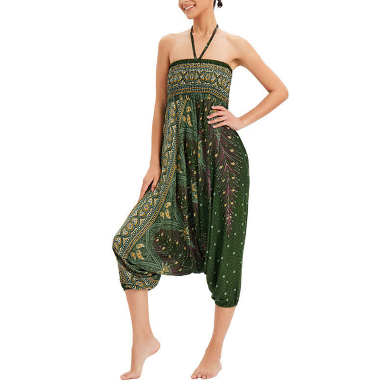 Buddha Stones Two Style Wear Peacock Feather Loose Smocked Harem Trousers Jumpsuit High Waist Pants