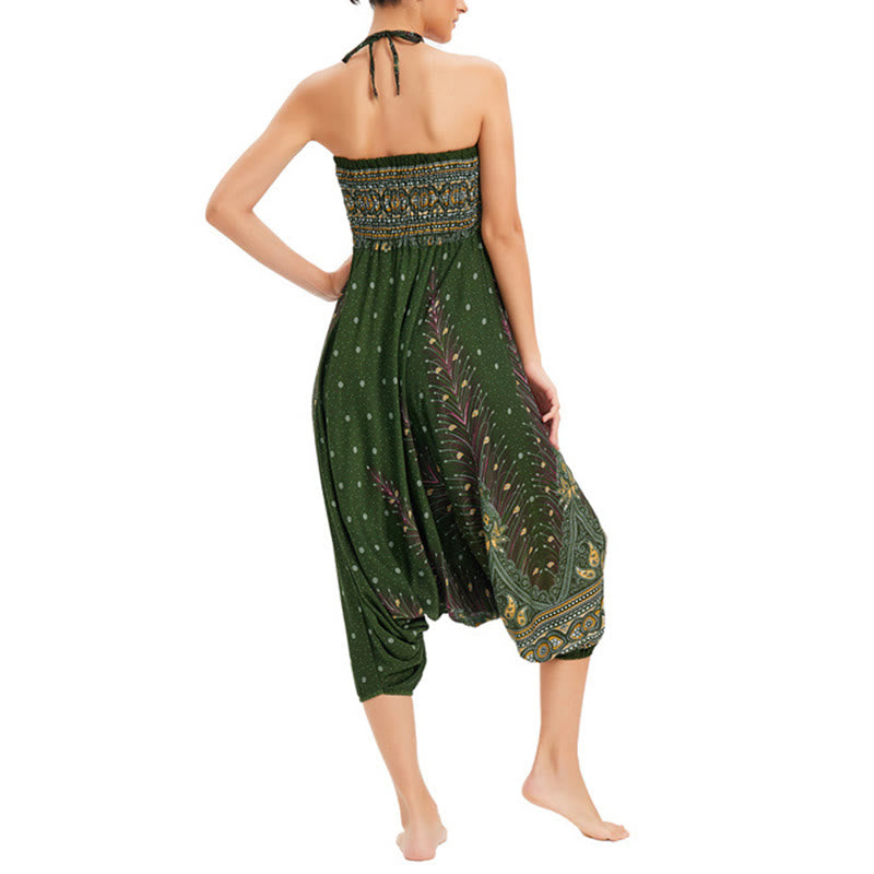 Buddha Stones Two Style Wear Peacock Feather Loose Smocked Harem Trousers Jumpsuit High Waist Pants - image 18