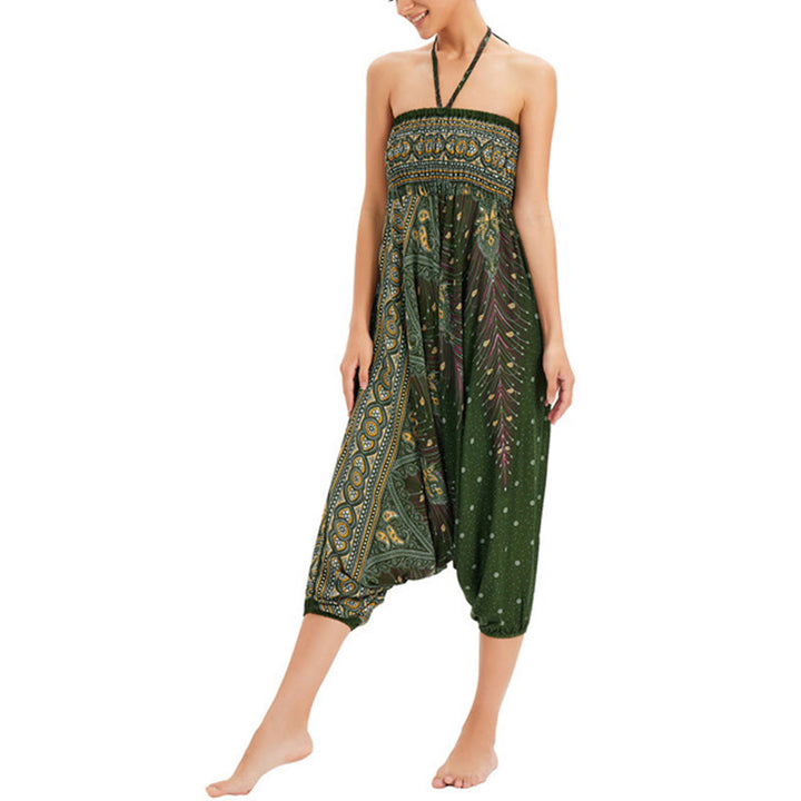 Buddha Stones Two Style Wear Peacock Feather Loose Smocked Harem Trousers Jumpsuit High Waist Pants