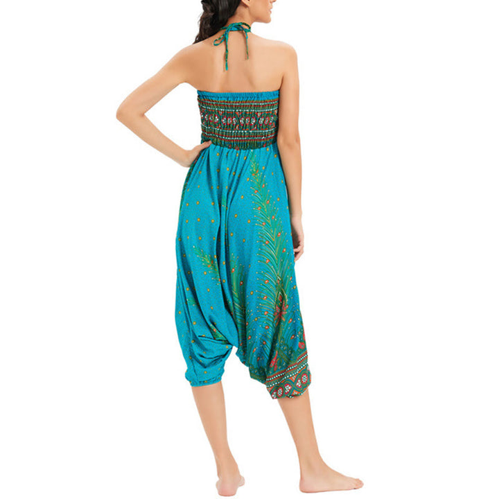 Buddha Stones Two Style Wear Peacock Feather Loose Smocked Harem Trousers Jumpsuit High Waist Pants