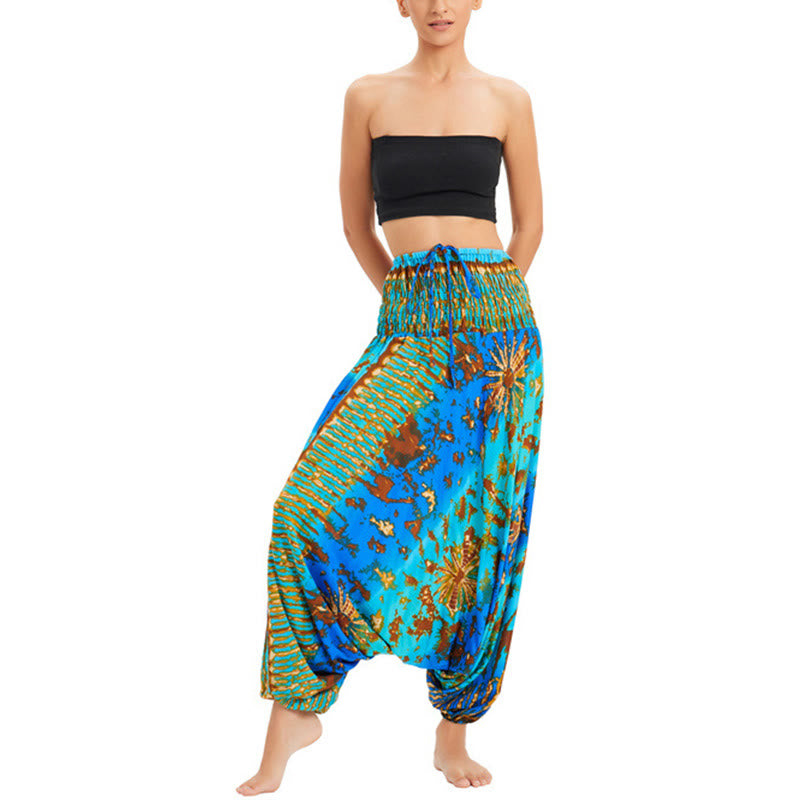 Buddha Stones Two Style Wear Gradient Colorful Loose Smocked Harem Trousers Jumpsuit High Waist Pants