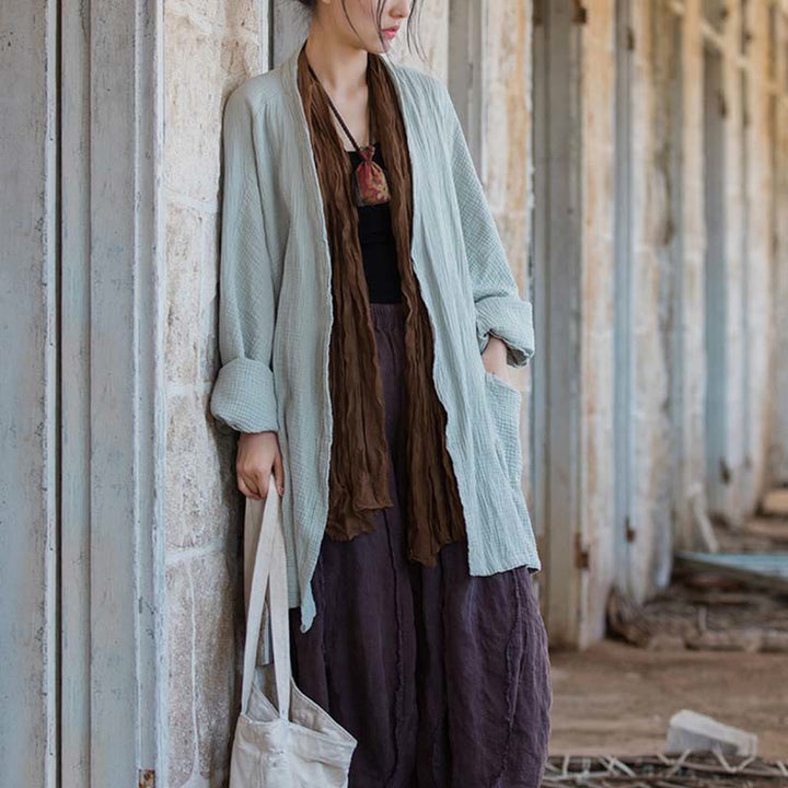 Buddha Stones Plain Design Long Sleeve Coat Zen Meditation Open Front Top Cotton Jacket - image 4