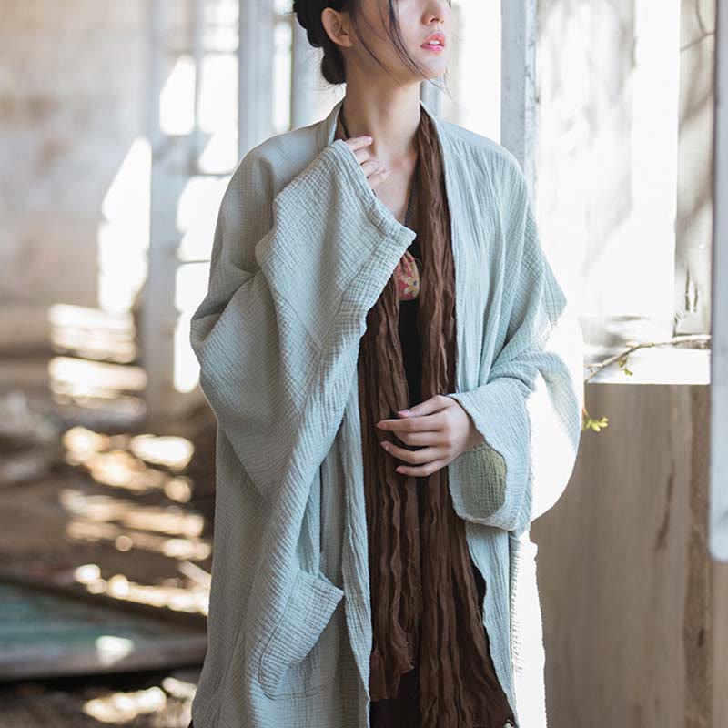 Buddha Stones Plain Design Long Sleeve Coat Zen Meditation Open Front Top Cotton Jacket - image 11