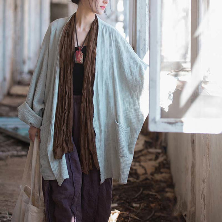 Buddha Stones Plain Design Long Sleeve Coat Zen Meditation Open Front Top Cotton Jacket - image 9