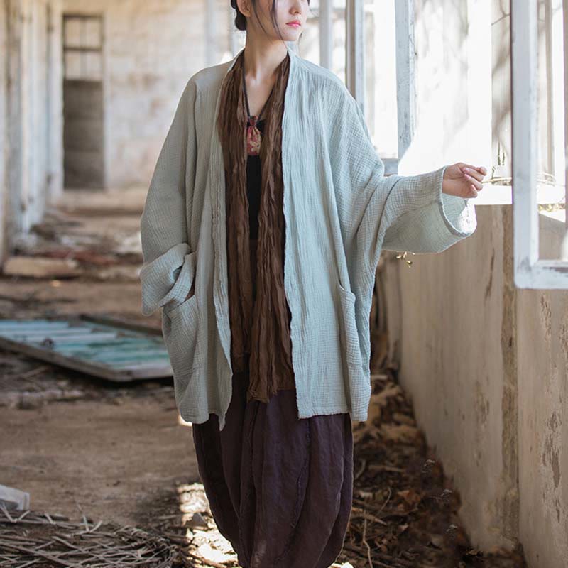 Buddha Stones Plain Design Long Sleeve Coat Zen Meditation Open Front Top Cotton Jacket - image 15