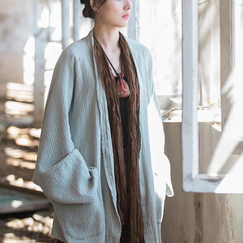 Buddha Stones Plain Design Long Sleeve Coat Zen Meditation Open Front Top Cotton Jacket - image 13