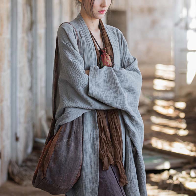 Buddha Stones Plain Design Long Sleeve Coat Zen Meditation Open Front Top Cotton Jacket - image 26