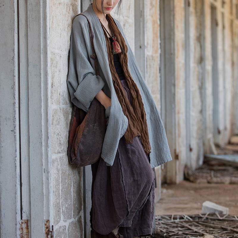 Buddha Stones Plain Design Long Sleeve Coat Zen Meditation Open Front Top Cotton Jacket - image 25