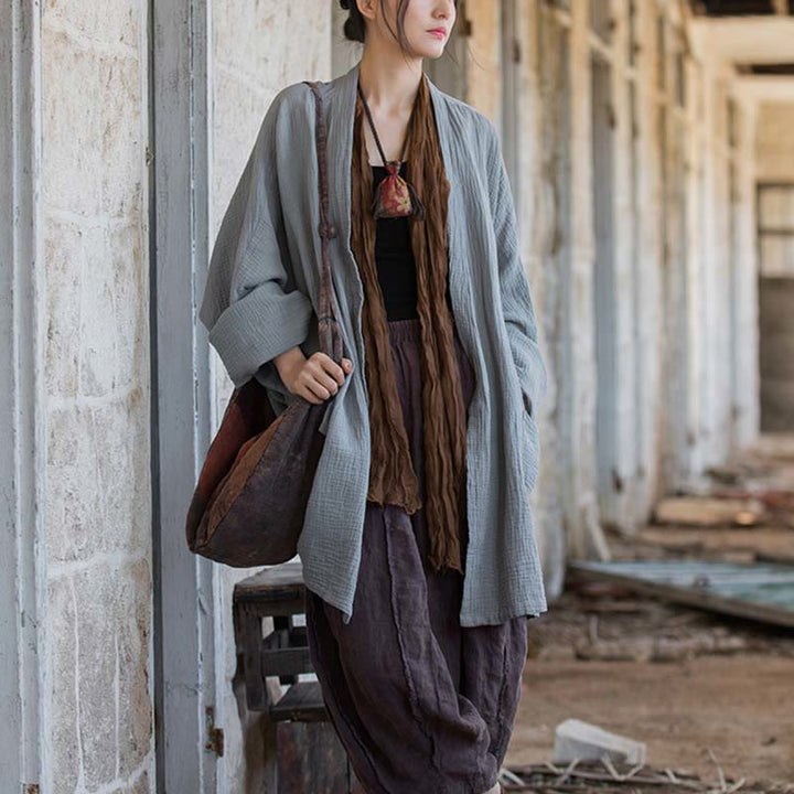 Buddha Stones Plain Design Long Sleeve Coat Zen Meditation Open Front Top Cotton Jacket - image 23