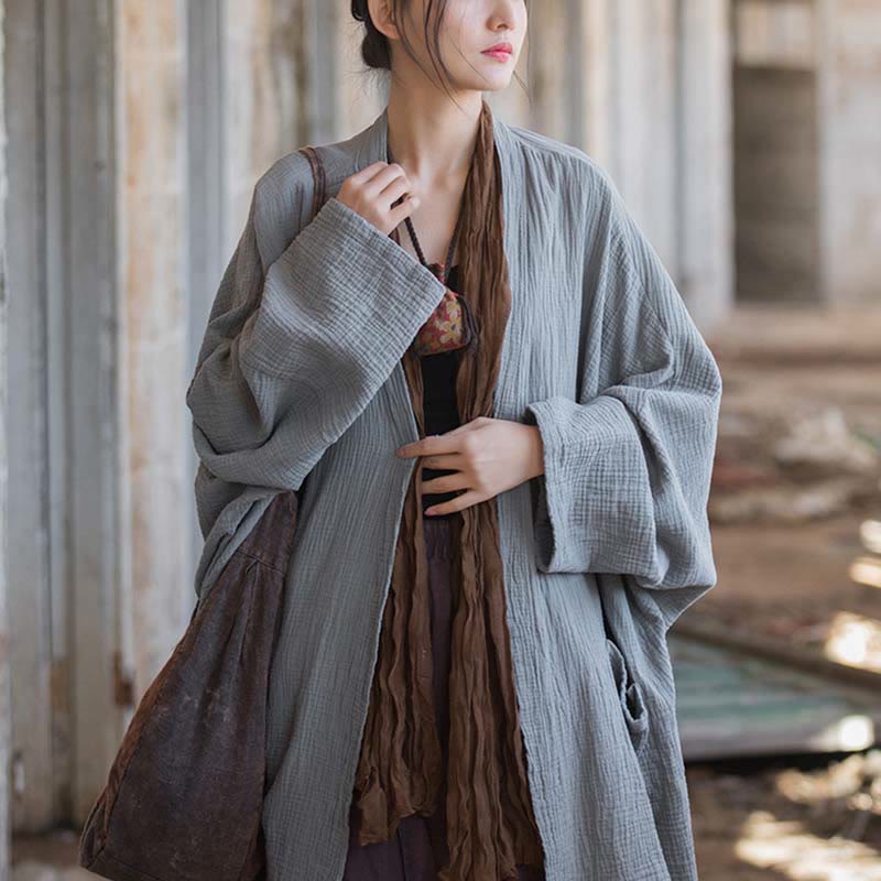 Buddha Stones Plain Design Long Sleeve Coat Zen Meditation Open Front Top Cotton Jacket - image 19